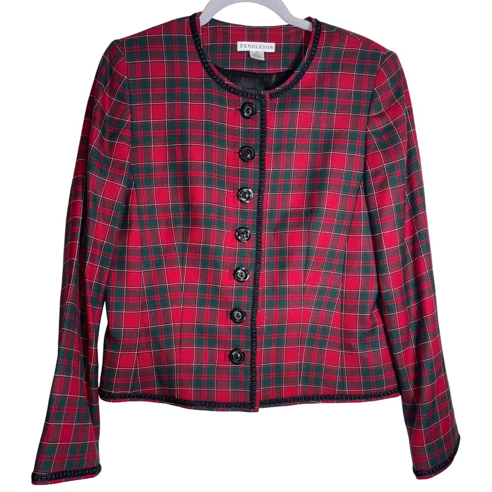 Vintage Pendleton Blazer Red &‎ Green Tartan Plaid 100% virgin Wool Size 10